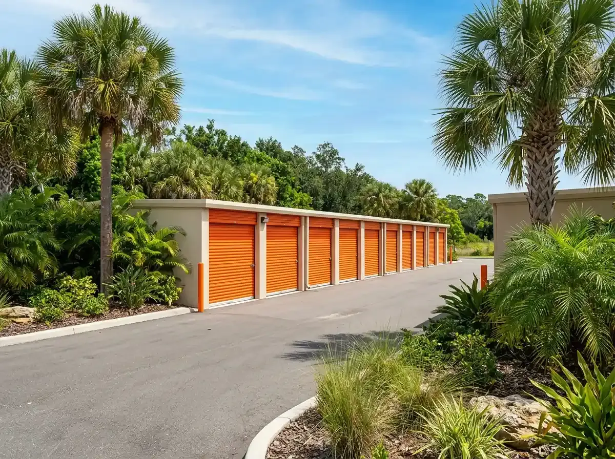 Exterior of a self-storage facility with orange roll-up doors surrounded by palm trees and tropical landscaping.
